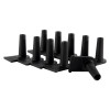 Angled view of kingpin panic bolt replacement part 10 pack showing black plastic pieces arranged in two rows