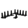 Contents of kingpin panic bolt replacement part 10 pack showing black plastic pieces arranged in two rows