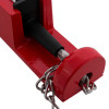 Close-up of the red kingpin panic bolt showing the attached metal chain