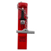 Front view of the kingpin panic bolt red showing the lock, chain, and handle in red and silver colors