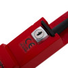Close-up of red Kingpin Panic Bolt lock with a silver keyhole and a black handle against a white background