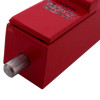 Close-up of the red Kingpin panic bolt showing the metal bolt and part of the painted body