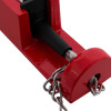Part of the kingpin panic bolt stainless steel with attached metal chain and red painted base visible