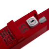 Close-up of kingpin panic bolt stainless steel showing lock mechanism and red body