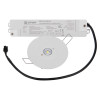 3w non maintained emergency downlight with white circular light and attached rectangular power supply with cable and connector