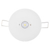 Front view of a 3w non maintained emergency downlight showing a circular white surface with a central light element and metal clips on each side