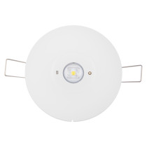 Front view of a 3w non maintained emergency downlight showing a circular white surface with a central light element and metal clips on each side