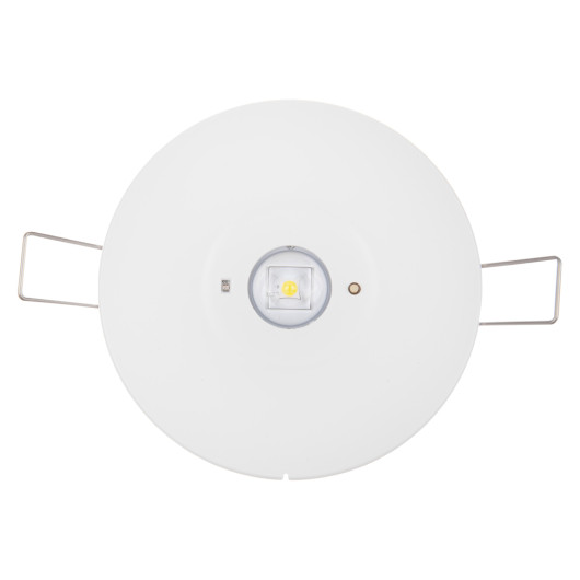 Front view of a 3w non maintained emergency downlight showing a circular white surface with a central light element and metal clips on each side