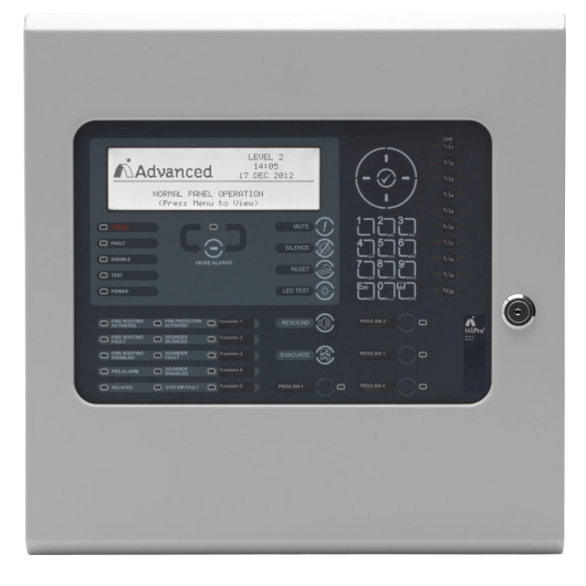 Front view of the advanced mx 5101 1 loop panel showing its display screen buttons and key lock