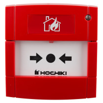 front view of hochiki esp manual call point with isolator flush surface mounting in red with black arrows and smoke house icon