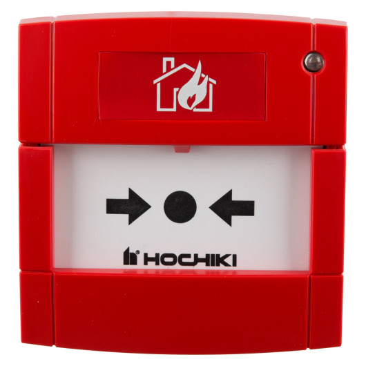 front view of hochiki esp manual call point with isolator flush surface mounting in red with black arrows and smoke house icon