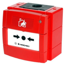 Angled view of a red Hochiki esp weatherproof manual call point with isolator showing front and side details