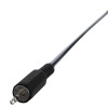 Closeup of a black hochiki programming lead with a 3.5mm metal connector on a white background