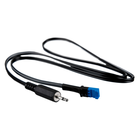 Front view of a hochiki programming leads cable with a black jack and blue connector on a white background
