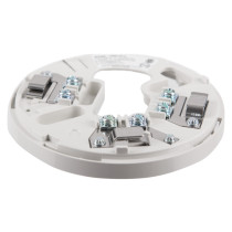 angled view of a hochiki esp detector base showing metal connectors and screw terminals on a white circular plate