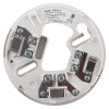 Front view of a circular hochiki esp detector base showing metal connectors and a label with technical details