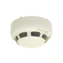 Front view of a hochiki esp optical smoke detector showing its round shape and vents