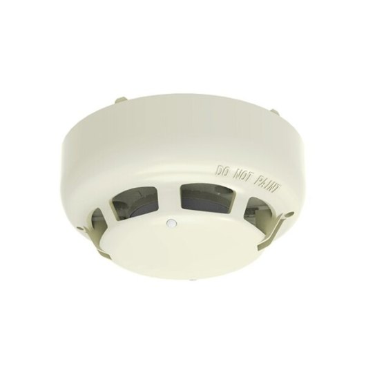 Front view of a hochiki esp optical smoke detector showing its round shape and vents