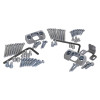 exidor 285 steel door fixing kit with screws, bolts, brackets and hex key laid out on a white background