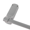 Close-up of the bracket part of the exidor single door panic bar with bolt in silver finish