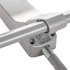 Closeup view of the exidor single door panic bar with bolt showing the metal bar and attached components