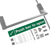 exidor single door panic bar with bolt and included screws and fittings laid out with push bar to open sign