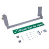 exidor 296 single door panic bar with latch kit showing push bar, mounting hardware, and instruction sticker on white background