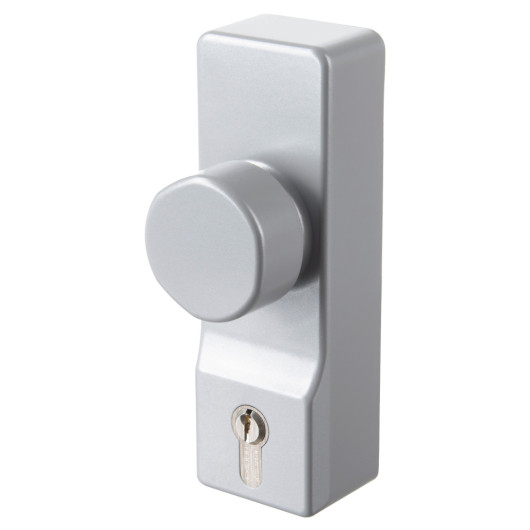 exidor outside access device knob in silver shown at an angled view with visible keyhole below the knob