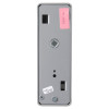 Back view of exidor outside access device knob showing rectangular grey metal plate with screws and stickers