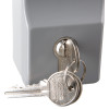 Closeup of exidor outside access device knob with a key inserted and another key on a keyring in front