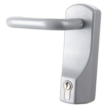 exidor outside access device lever shown angled to the left with a smooth grey handle and lock below