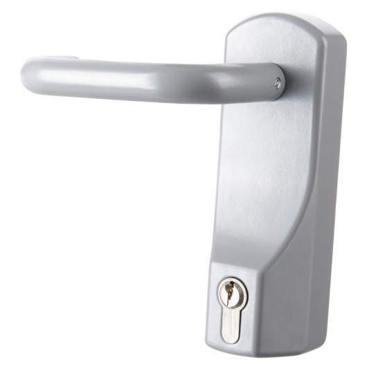 exidor outside access device lever shown angled to the left with a smooth grey handle and lock below
