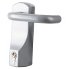 Silver exidor outside access device lever angled to the right with a keyhole at the bottom