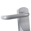 Closeup of the exidor outside access device lever showing the smooth silver handle and base plate