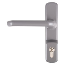 Straight silver door handle on a rectangular backplate with a visible keyhole near the bottom