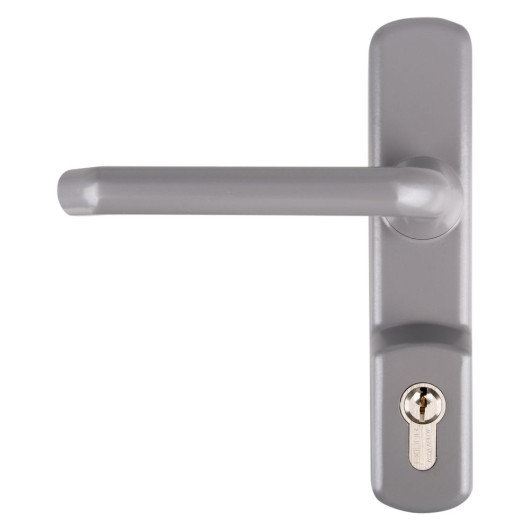 Straight silver door handle on a rectangular backplate with a visible keyhole near the bottom