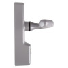 Silver handle mechanism with a rectangular base plate and pivoting lever, featuring a black ring at the joint