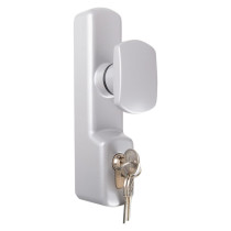 Silver Exd326Ec Exidor knob operated outdoor access device angled with keys in lock slot