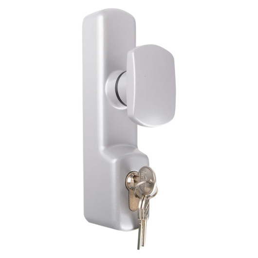 Silver Exd326Ec Exidor knob operated outdoor access device angled with keys in lock slot