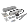 exidor 9870 electro hydraulic door closer with silver components and installation accessories laid out on a white background