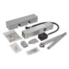 exidor 9870 electro hydraulic door closer silver square contents laid out including main body, cover, arms and fixing screws
