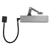 exidor 9870 electro hydraulic door closer silver square shown from the front with arm and connecting cable visible