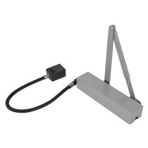 silver square angled exidor 9870 electro hydraulic door closer with black cable attachment