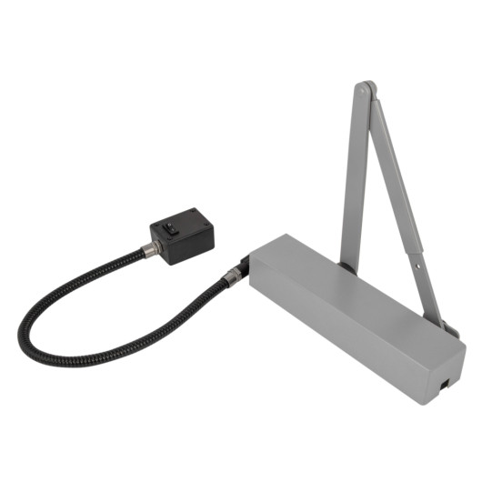 silver square angled exidor 9870 electro hydraulic door closer with black cable attachment