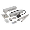 exidor 9870 electro hydraulic door closer stainless steel square with metal parts and screws laid out on white background