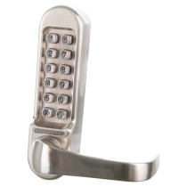 angled view of exidor mechanical code lock outside access device standard with metal keypad and handle