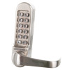 Angled view of exidor mechanical code lock outside access device showing keypad and handle in silver finish