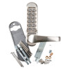 exidor mechanical code lock outside access device with keypad, handle, and installation screws laid out on a white background