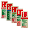 Five fire extinguisher identification labels displayed side by side, each with a red extinguisher icon and colour‑coded safety information. The labels cover Foam Spray, ABC Powder, Wet Chemical, Carbon Dioxide and Dry Water Mist extinguishers