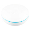 An angled small round white water leak sensor with a perforated top surface and a thin blue ring around its middle.